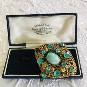 Beautiful Unmarked Vintage Aqua and Turquoise Cabochon Brooch!
